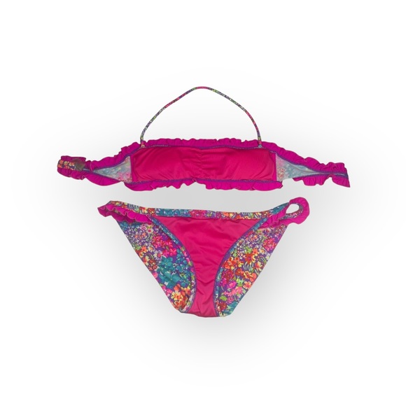 Victoria’s Secret Swim 𑁍 Floral Ruffle Bandeau 2 Piece Bikini Set 𑁍 Fuchsia M - Picture 7 of 16